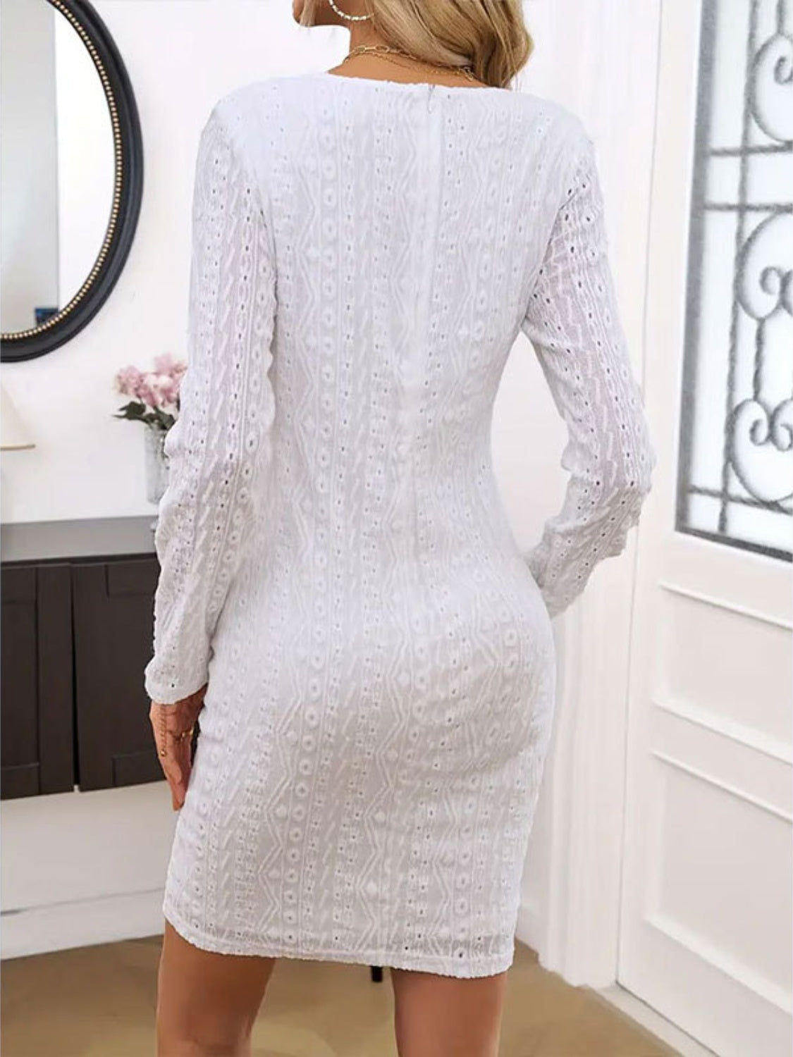 Lace Detail Round Neck Long Sleeve Mini Dress-TOPS / DRESSES-[Adult]-[Female]-2022 Online Blue Zone Planet