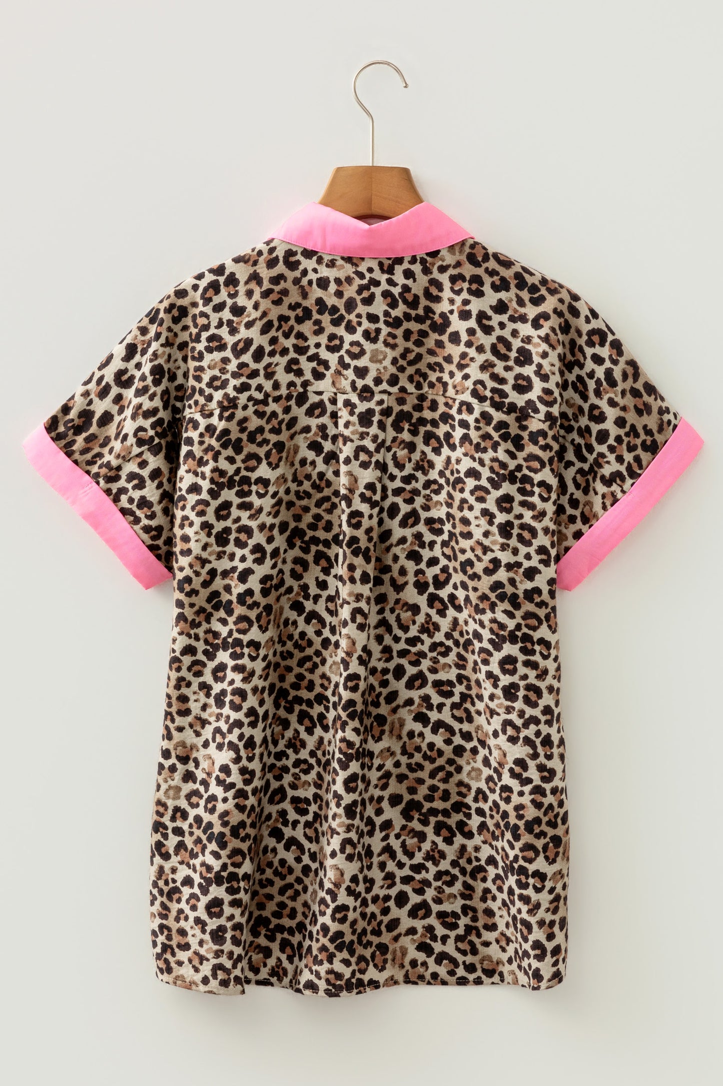 Leopard Print Contrasted Trim Animal Short Sleeve Shirt-Tops/Blouses & Shirts-[Adult]-[Female]-2022 Online Blue Zone Planet