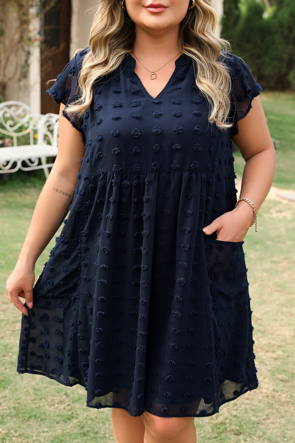 Navy Blue Dotty Textured Notched Neck Plus Ruffled Dress-TOPS / DRESSES-[Adult]-[Female]-2022 Online Blue Zone Planet