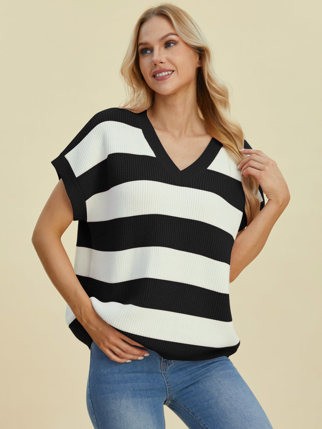 Double Take Full Size Striped V-Neck Short Sleeve Sweater-TOPS / DRESSES-[Adult]-[Female]-2022 Online Blue Zone Planet