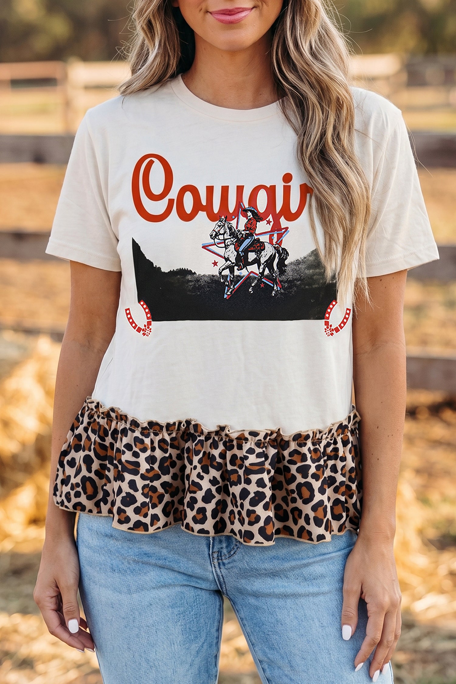 White Retro Cowgirl Print Leopard Ruffle Hem Patchwork T Shirt-Tops/Tops & Tees-[Adult]-[Female]-2022 Online Blue Zone Planet