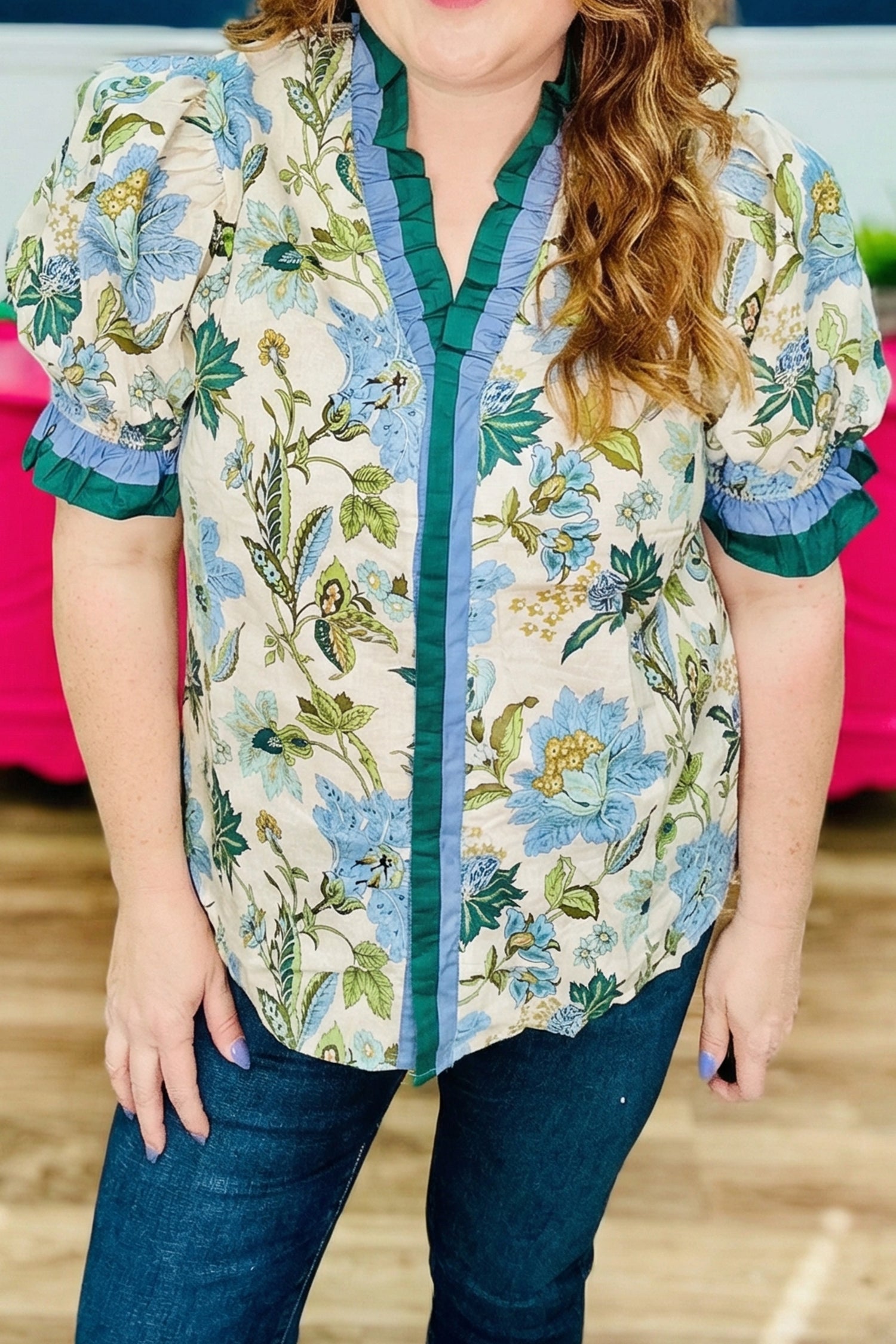 Sky Blue Plus Size Frilled V Neck Short Sleeve Floral Blouse-Plus Size/Plus Size Tops/Plus Size Blouses & Shirts-[Adult]-[Female]-Sky Blue-1X-2022 Online Blue Zone Planet