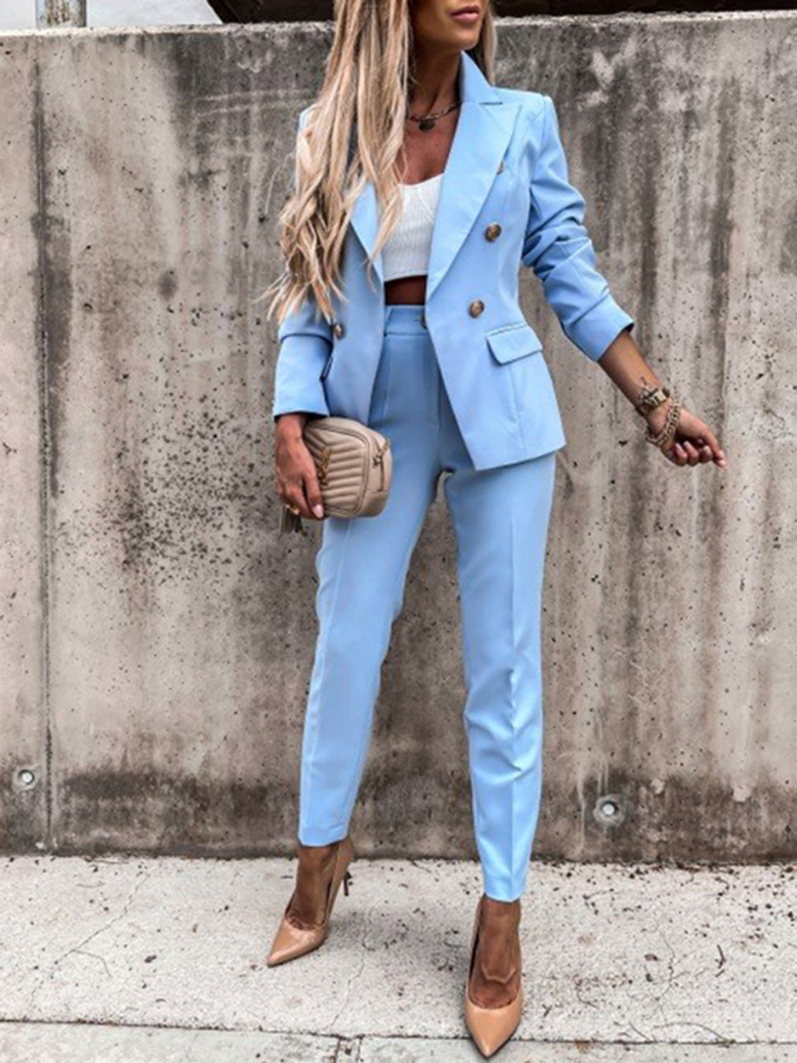 Blue Zone Planet | Lapel Collar Long Sleeve Blazer and Pants Set-TOPS / DRESSES-[Adult]-[Female]-2022 Online Blue Zone Planet