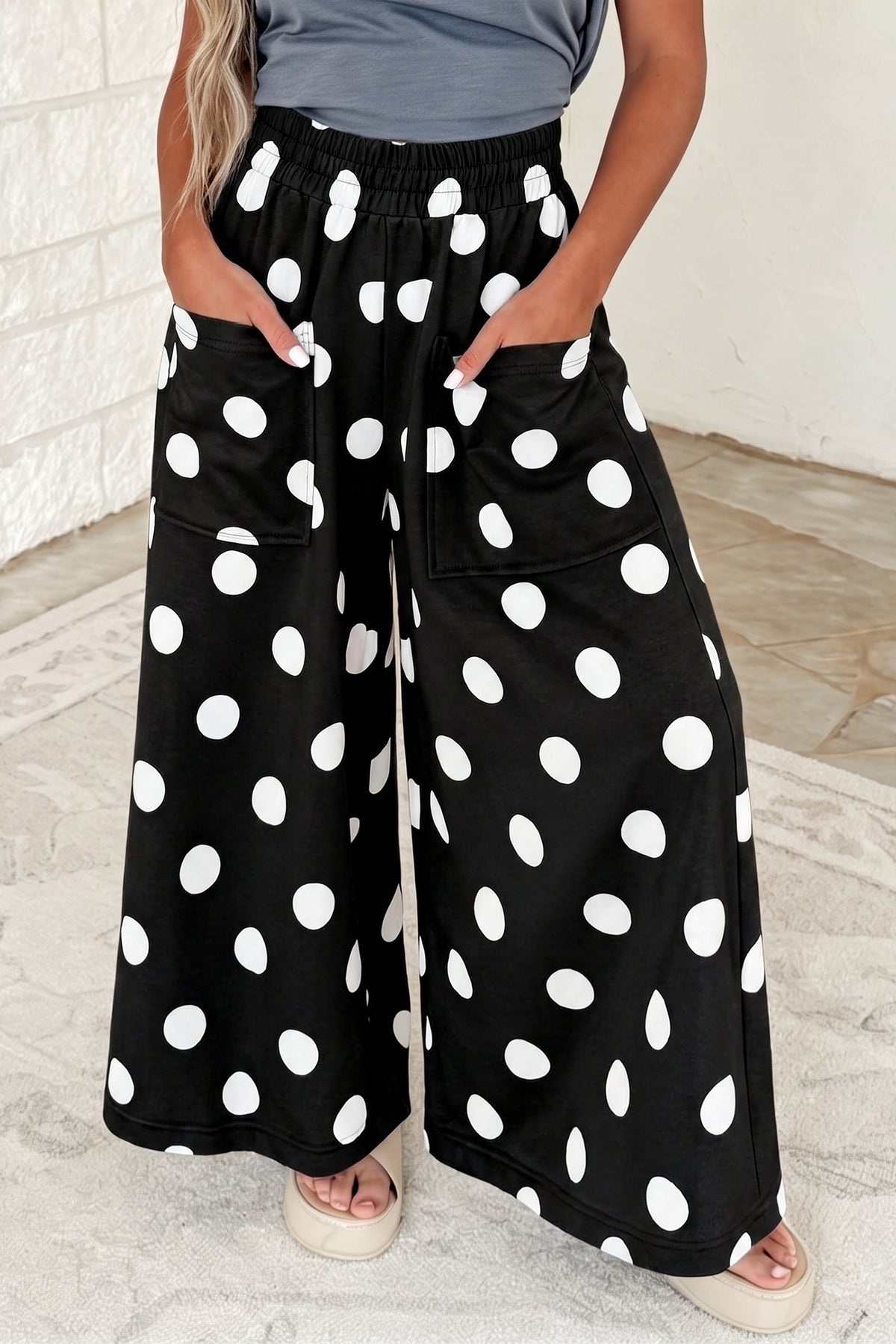 Sail Blue Polka Dot Wide Leg Elastic Waist Casual Pants-Bottoms/Pants & Culotte-[Adult]-[Female]-2022 Online Blue Zone Planet