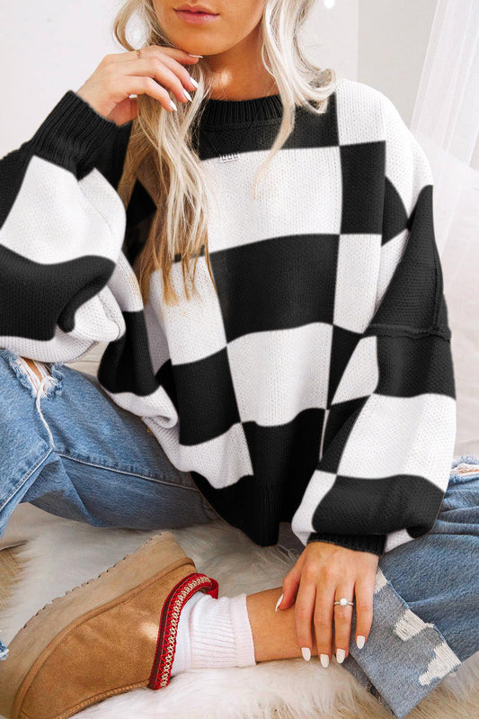 Black Checkered Bishop Sleeve Sweater-TOPS / DRESSES-[Adult]-[Female]-Black-XS-2022 Online Blue Zone Planet