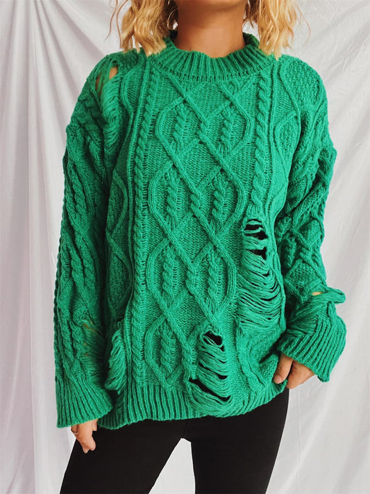 Distressed Cable-Knit Round Neck Long Sleeve Sweater-TOPS / DRESSES-[Adult]-[Female]-Green-One Size-2022 Online Blue Zone Planet