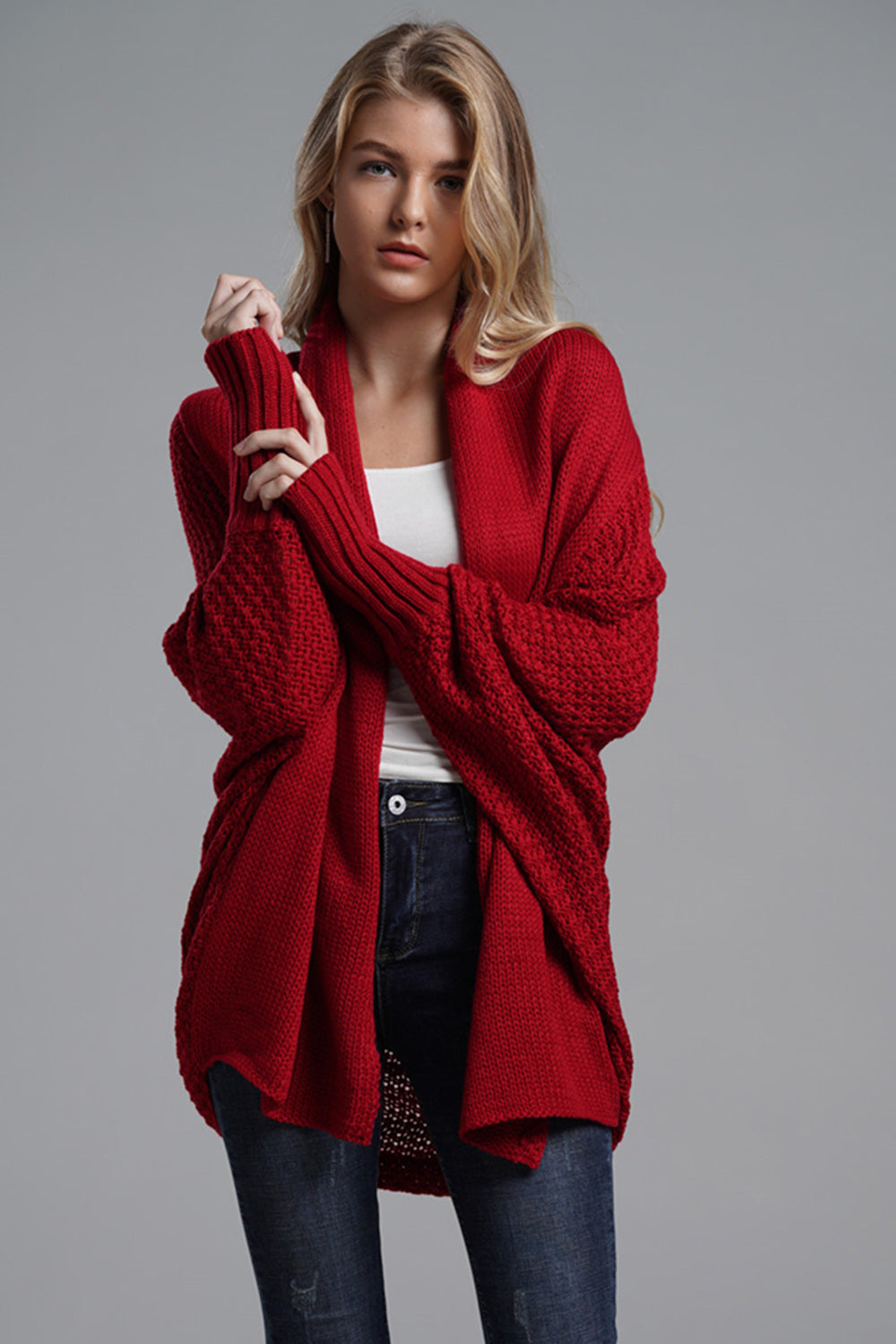 Blue Zone Planet | Open Front Batwing Sleeve Cardigan-TOPS / DRESSES-[Adult]-[Female]-Deep Red-One Size-2022 Online Blue Zone Planet