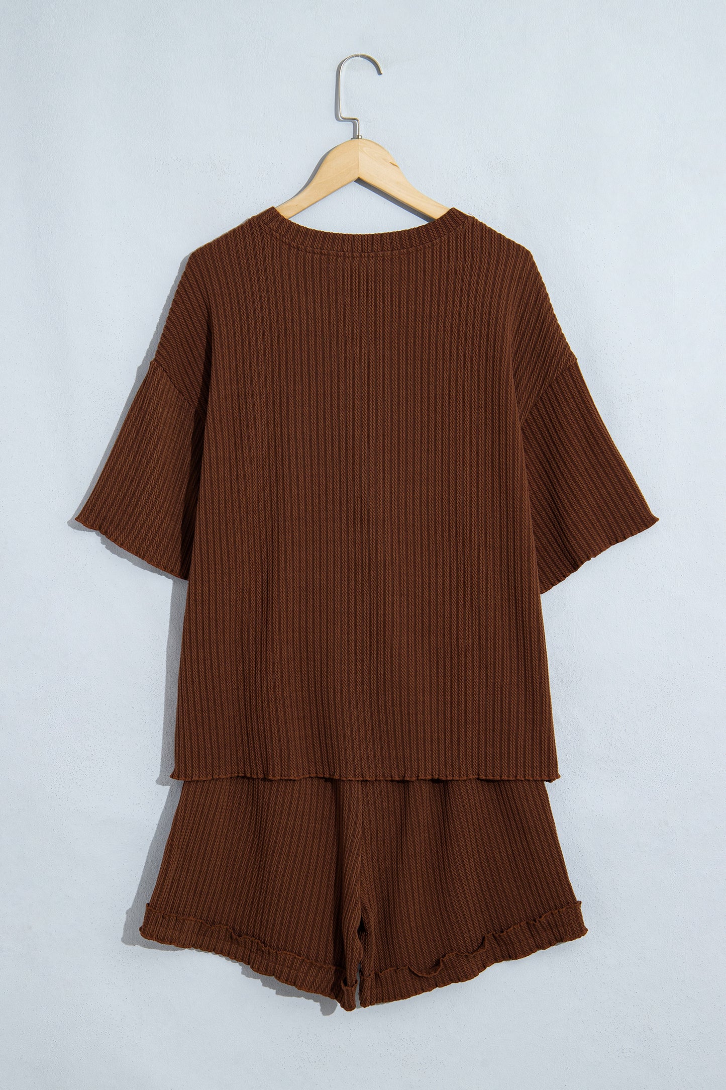 Dark Brown Textured Ribbed Knit Lettuce Trim 2pcs Lounge Set-Loungewear & Sleepwear/Loungewear-[Adult]-[Female]-2022 Online Blue Zone Planet