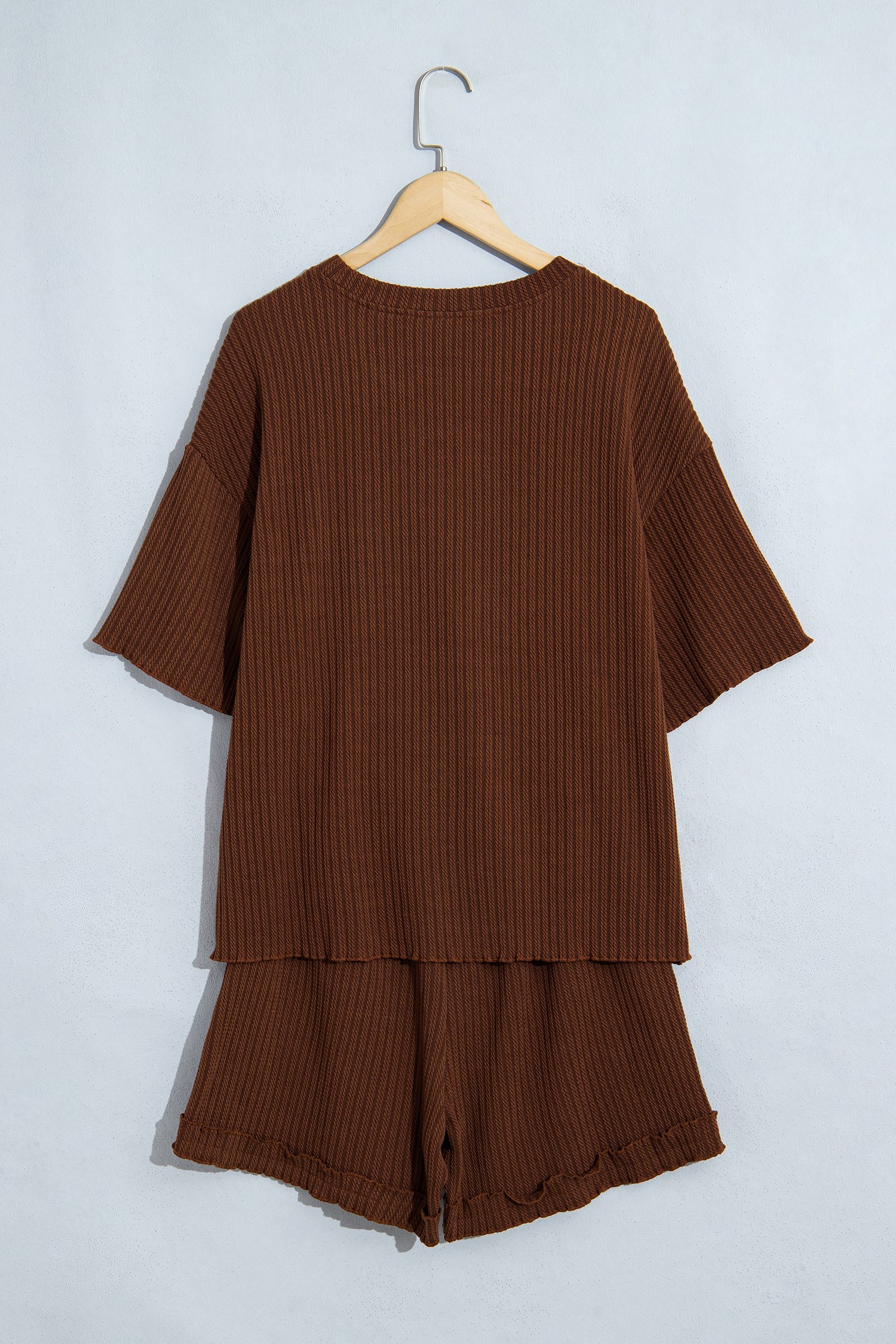 Dark Brown Textured Ribbed Knit Lettuce Trim 2pcs Lounge Set-Loungewear & Sleepwear/Loungewear-[Adult]-[Female]-2022 Online Blue Zone Planet