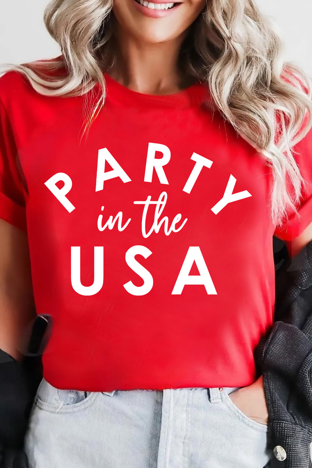 Red PARTY in the USA Printed Independence Day T Shirt-Graphic Tees-[Adult]-[Female]-2022 Online Blue Zone Planet