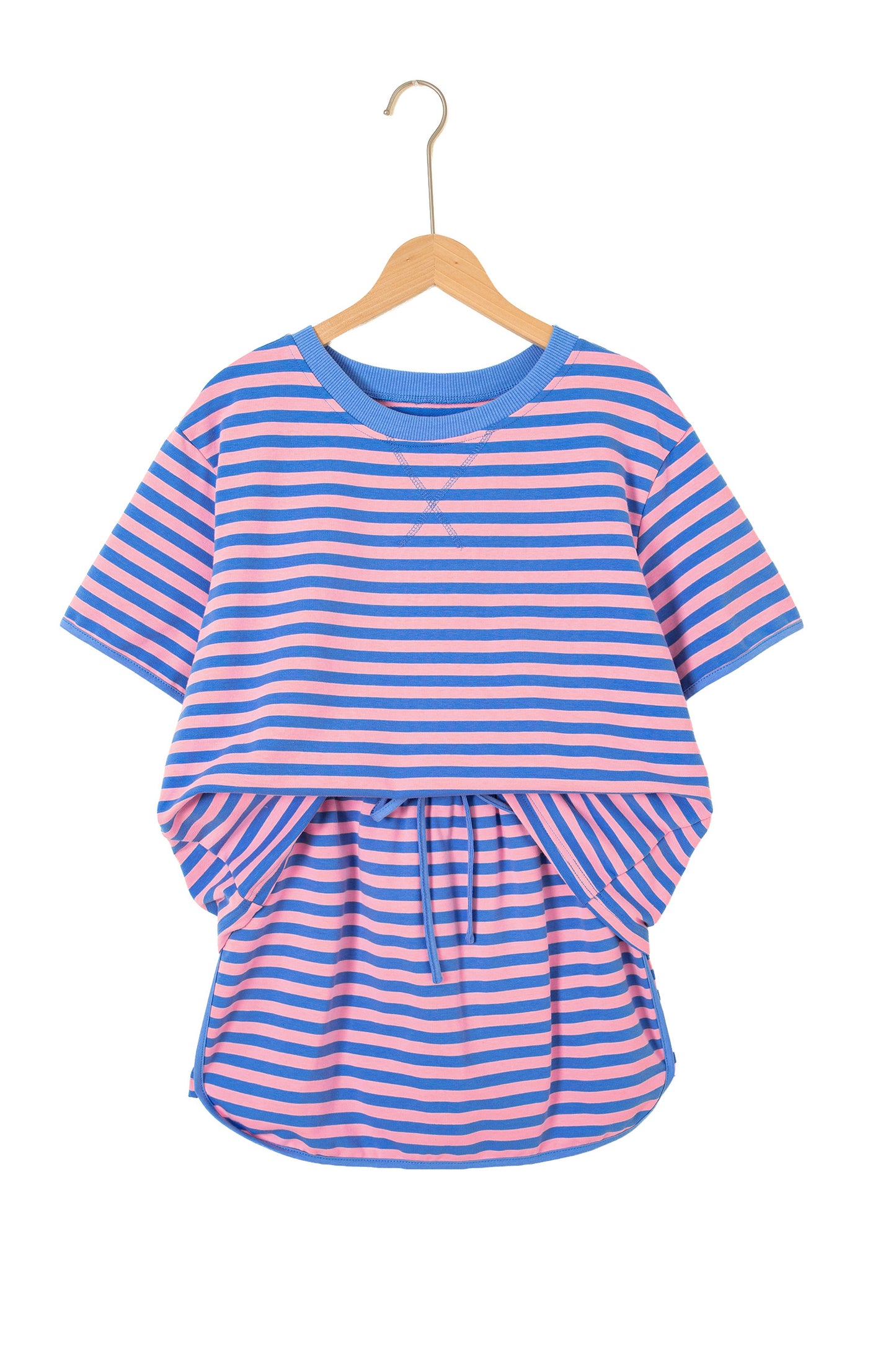 Pink Stripe Loose Short Sleeve Top and Skirt Set-Two Piece Sets/Two Piece Dresses-[Adult]-[Female]-2022 Online Blue Zone Planet