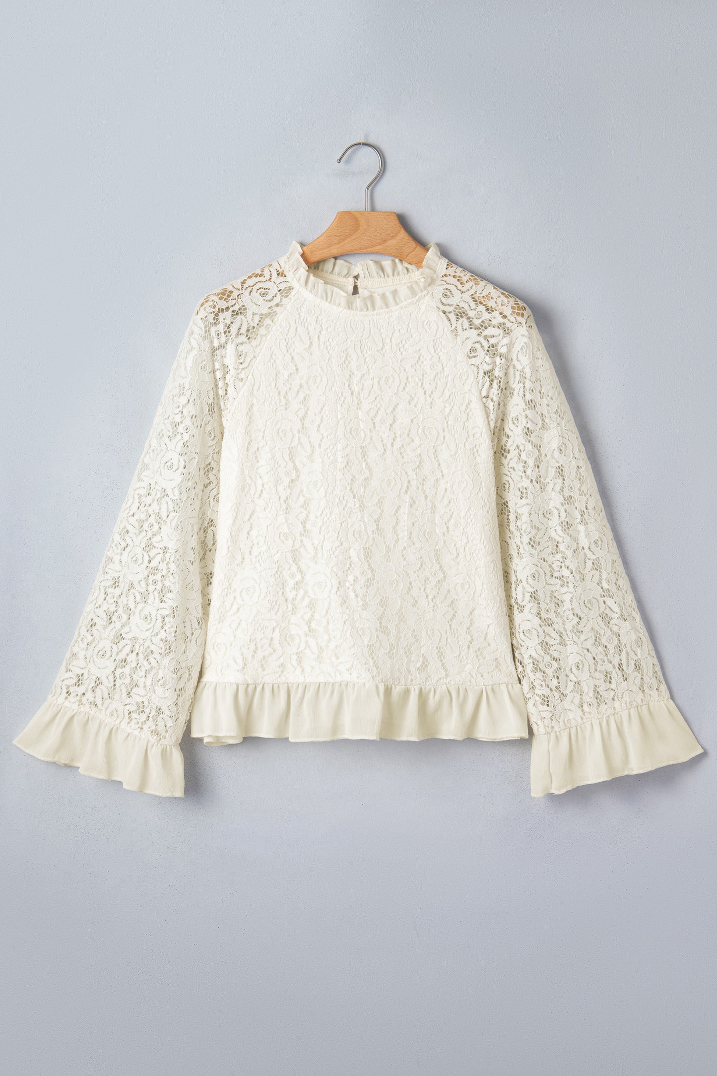 White Sheer Lace Long Sleeve Ruffle Trim Loose Blouse-Tops/Blouses & Shirts-[Adult]-[Female]-2022 Online Blue Zone Planet