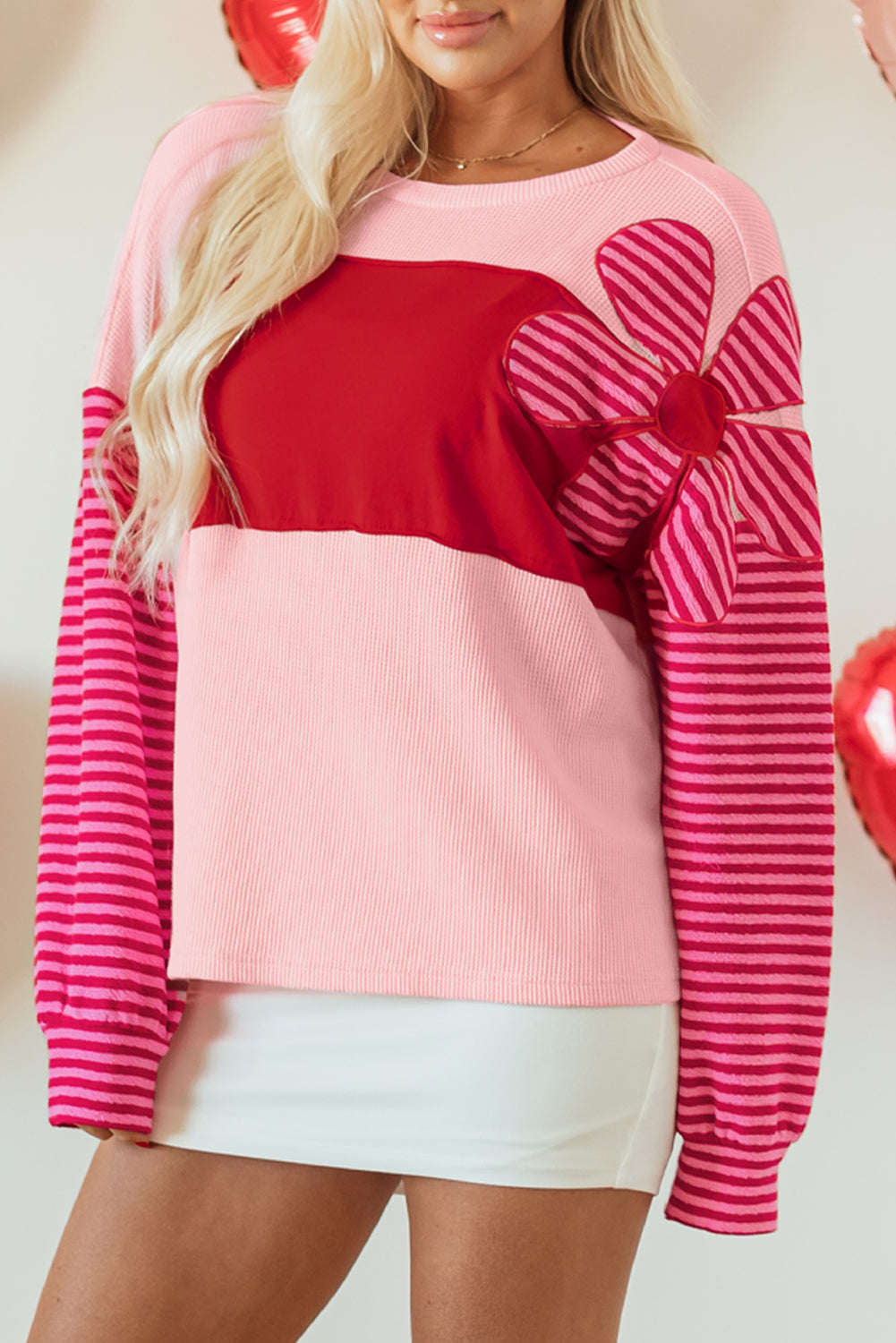 Blue Zone Planet | Pink Floral Patch Color Block Striped Sleeve Textured Top-Tops/Long Sleeve Tops-[Adult]-[Female]-2022 Online Blue Zone Planet