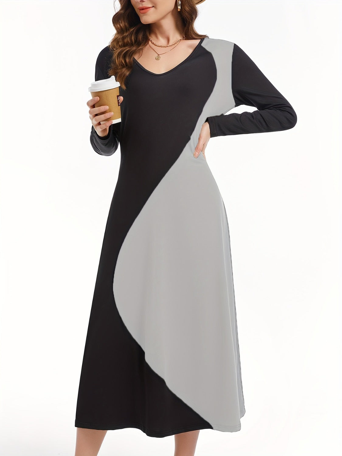 Contrast Long Sleeve Midi Dress-TOPS / DRESSES-[Adult]-[Female]-2022 Online Blue Zone Planet