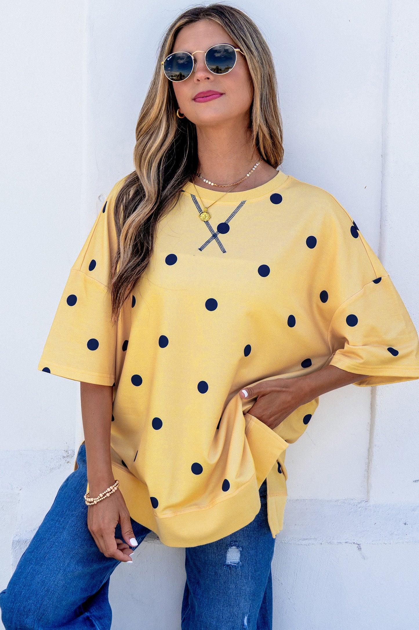 Yellow Polka Dot Print Crossed Seam Detail Oversize Tee-Tops/Tops & Tees-[Adult]-[Female]-2022 Online Blue Zone Planet