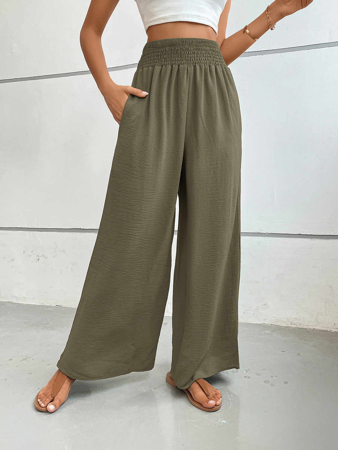 Blue Zone Planet | Perfee Wide Leg Pants with Pockets-BOTTOM SIZES SMALL MEDIUM LARGE-[Adult]-[Female]-Moss-S-2022 Online Blue Zone Planet