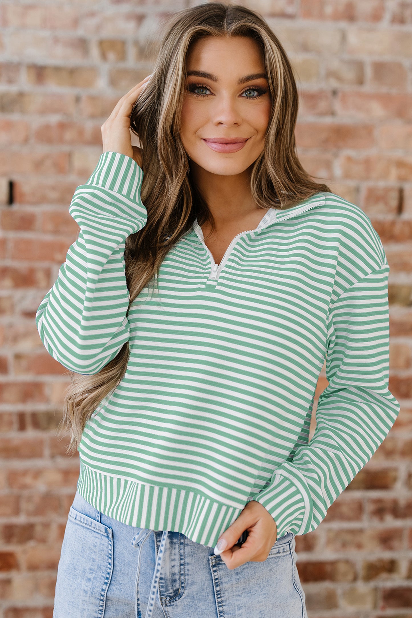 Green Stripe Quarter Zip Collar Pullover Long Sleeve Top-Tops/Long Sleeve Tops-[Adult]-[Female]-2022 Online Blue Zone Planet