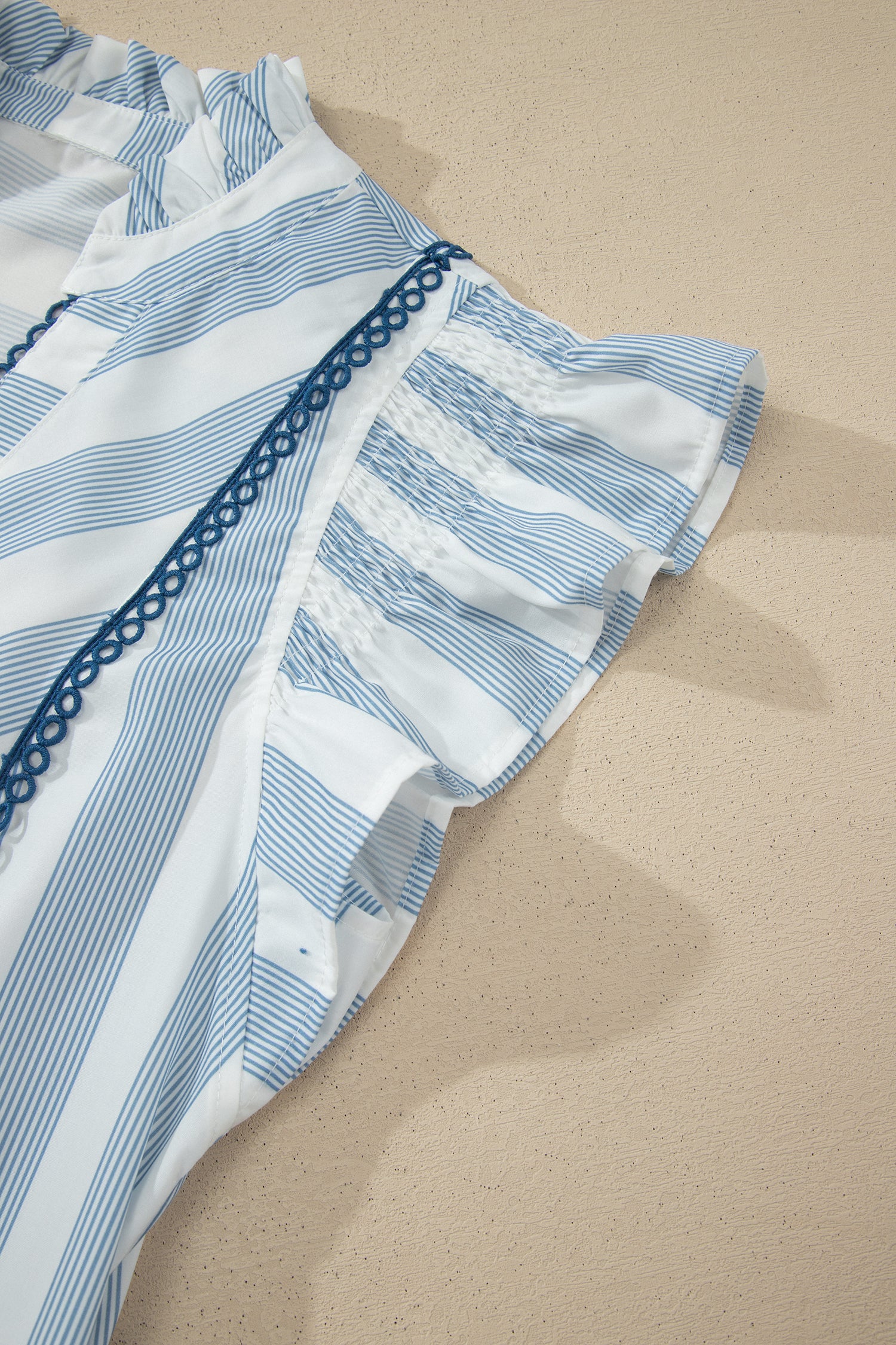 Sky Blue Stripe Subtle Lace Detail V Neck Ruffle Trim Casual Dress-TOPS / DRESSES-[Adult]-[Female]-2022 Online Blue Zone Planet