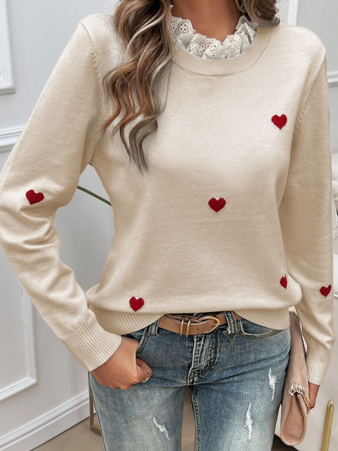 Lace Detail Heart Long Sleeve Sweater-TOPS / DRESSES-[Adult]-[Female]-Beige-S-2022 Online Blue Zone Planet