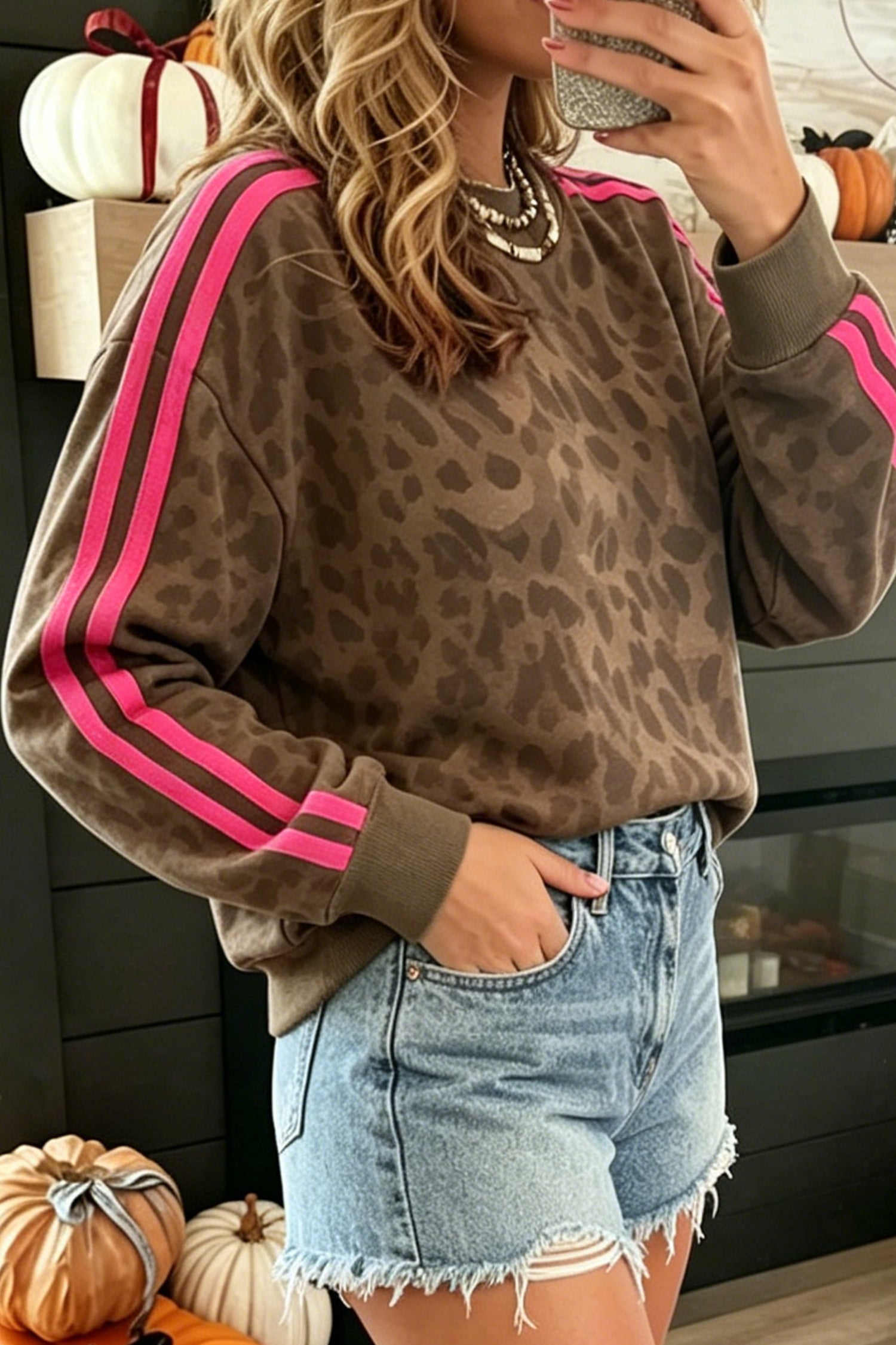 Brown Leopard Print Striped Detail Relaxed Pullover Sweatshirt-Tops/Sweatshirts & Hoodies-[Adult]-[Female]-2022 Online Blue Zone Planet