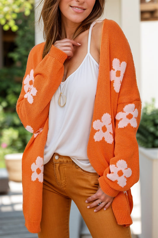 Flower Open Front Long Sleeve Cardigan-TOPS / DRESSES-[Adult]-[Female]-Orange-S-2022 Online Blue Zone Planet