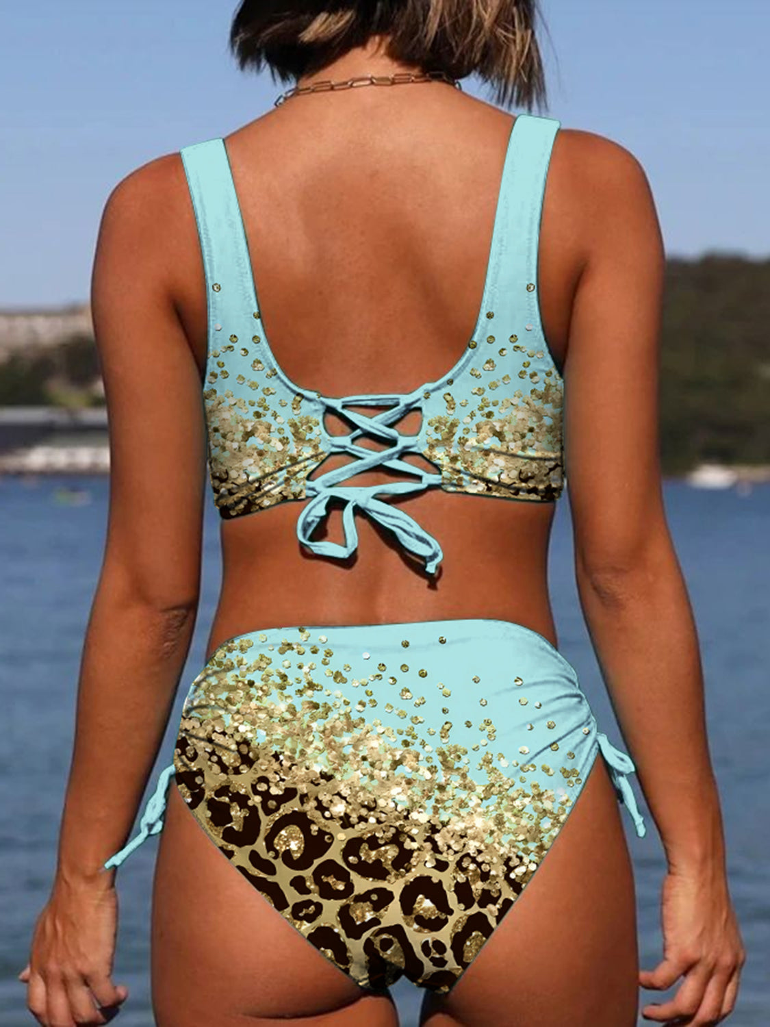 Lace-Up Printed Wide Strap Bikini Set BLUE ZONE PLANET