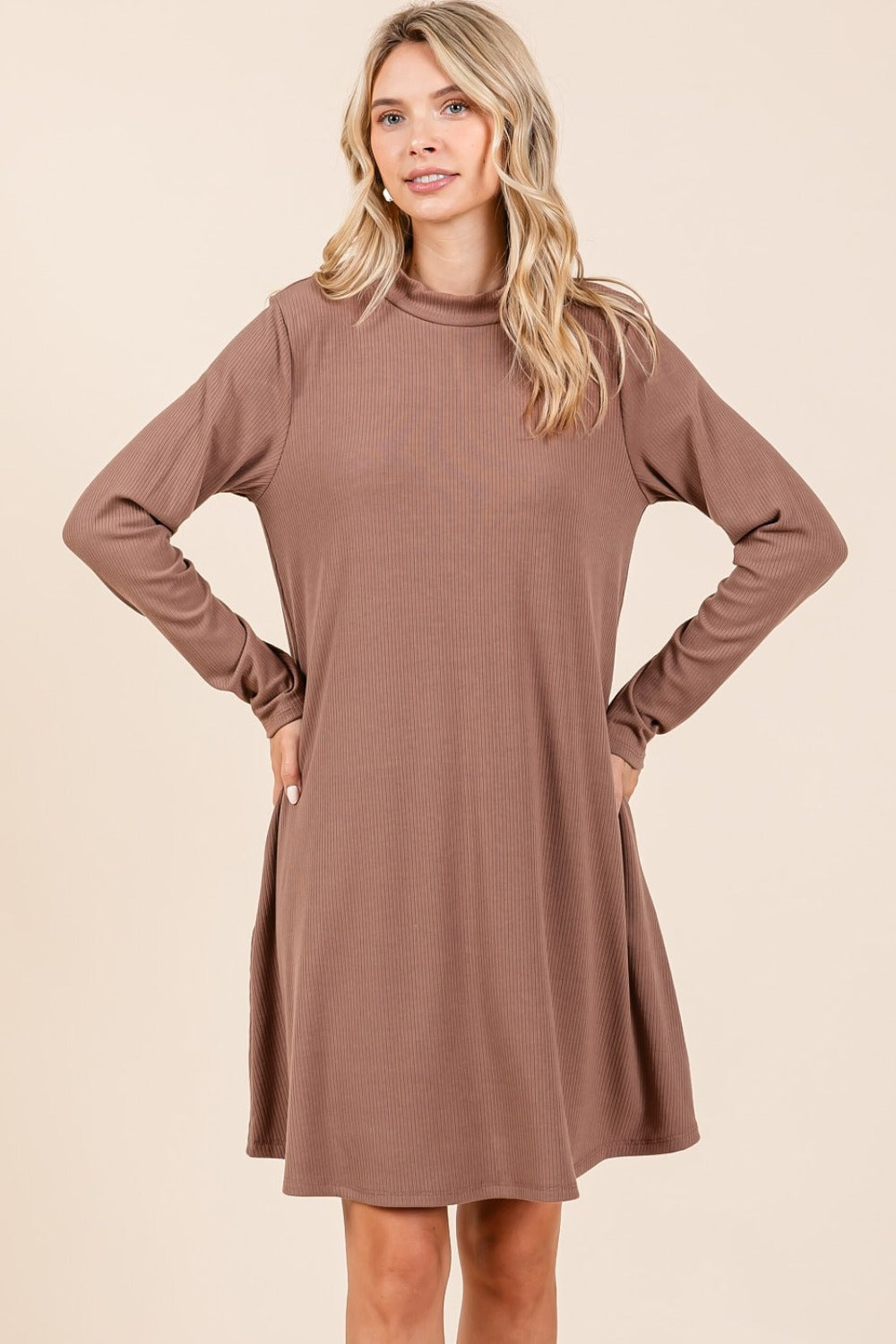 Blue Zone Planet | Mittoshop Mock Neck Long Sleeve Dress with Pockets-TOPS / DRESSES-[Adult]-[Female]-Cocoa-S-2022 Online Blue Zone Planet