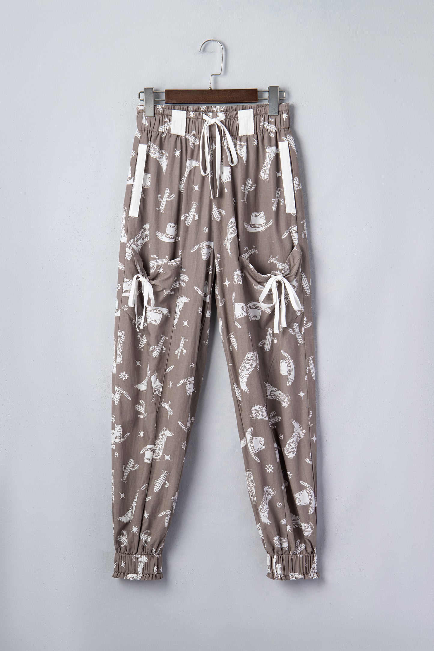 Khaki Western Cactus Cowgirl Hat Boot Printed Vintage Drawstring Jogger Pants-Bottoms/Pants & Culotte-[Adult]-[Female]-2022 Online Blue Zone Planet