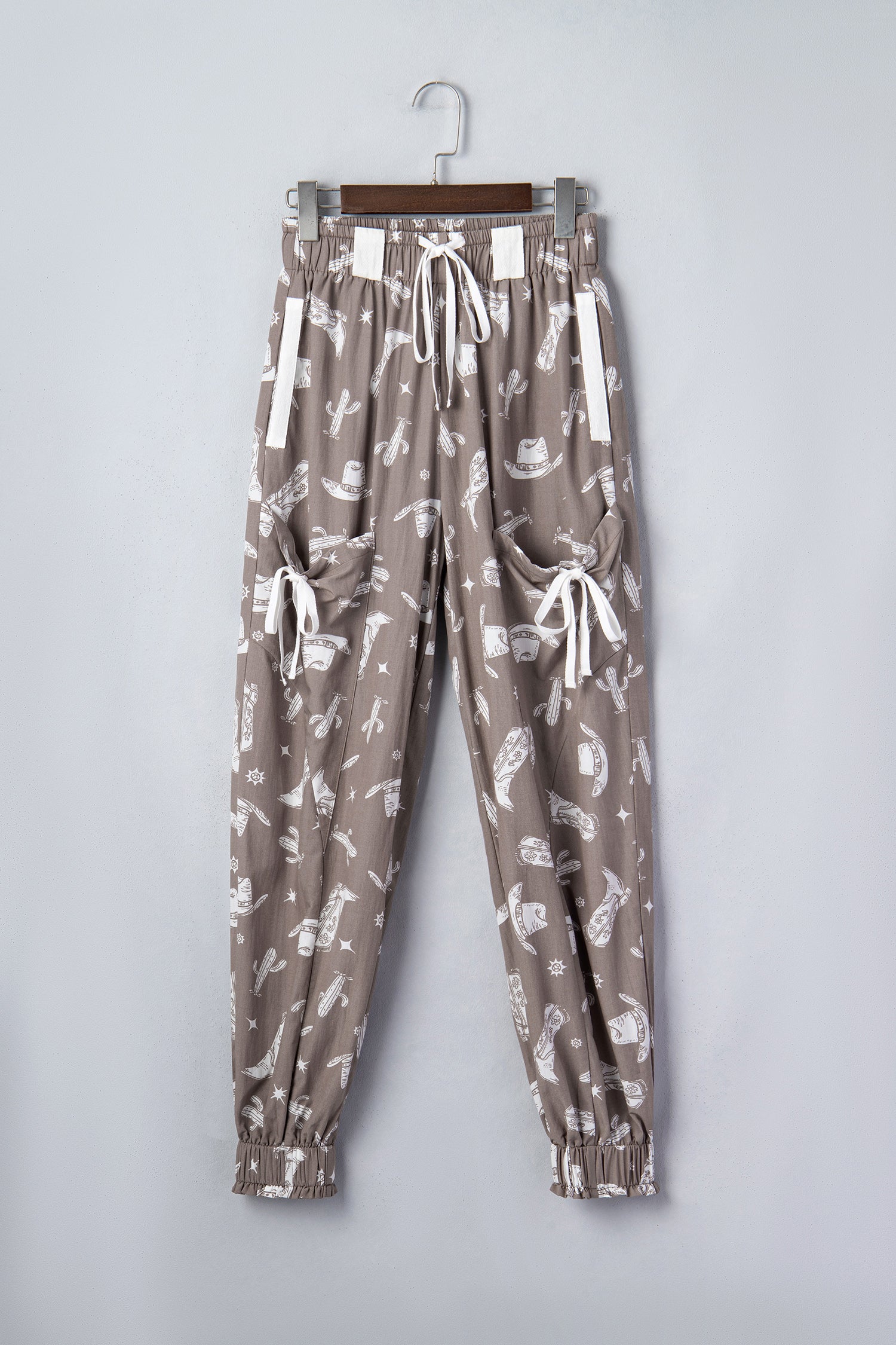 Khaki Western Cactus Cowgirl Hat Boot Printed Vintage Drawstring Jogger Pants-Bottoms/Pants & Culotte-[Adult]-[Female]-2022 Online Blue Zone Planet