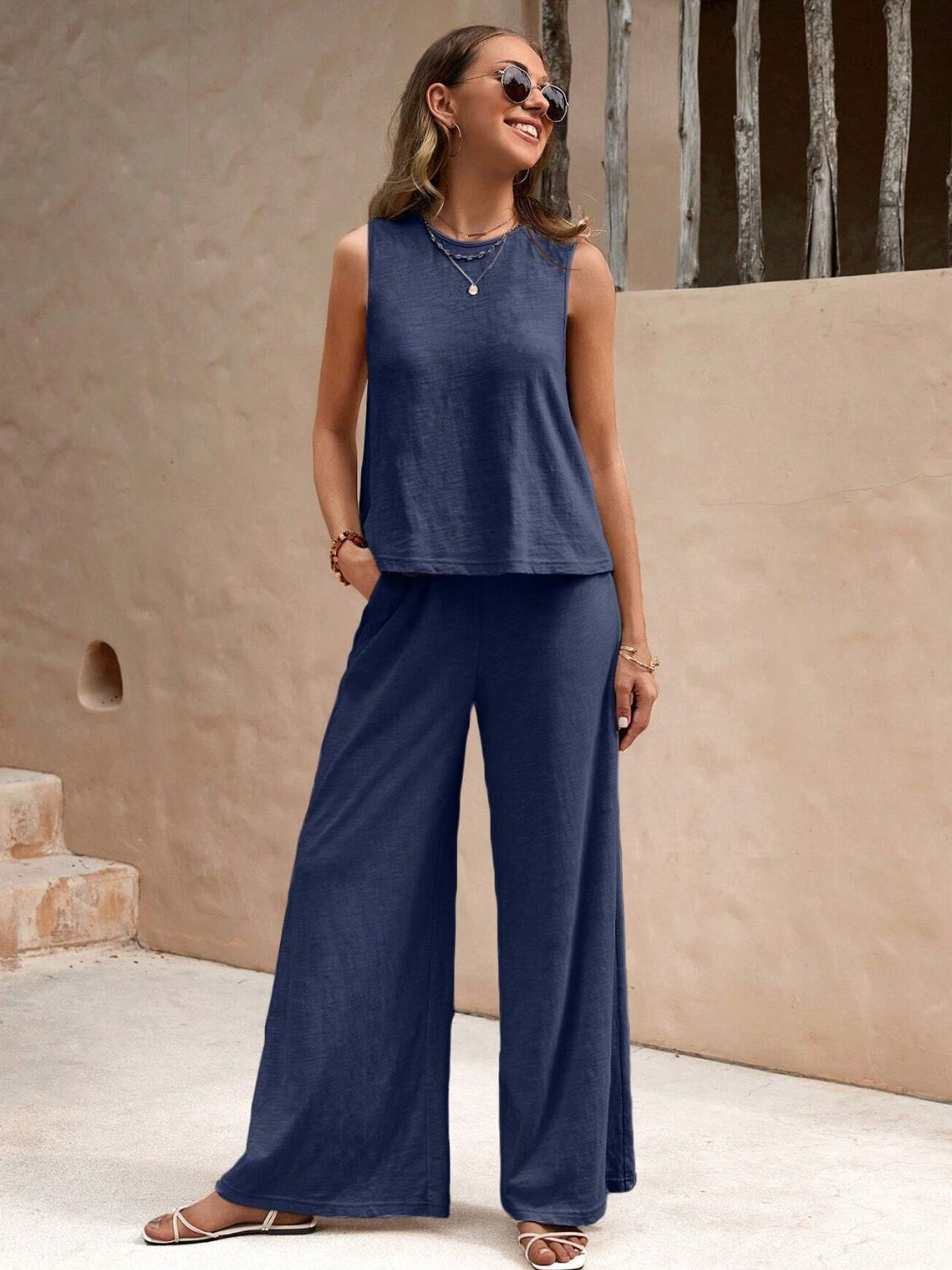 Round Neck Sleeveless Top and Wide Leg Pants Set-TOPS / DRESSES-[Adult]-[Female]-2022 Online Blue Zone Planet