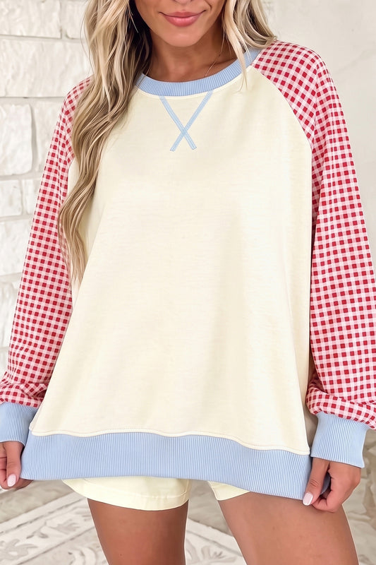 Beige Plaid Sleeve Colorblock Raglan Pullover Sweatshirt-Tops/Sweatshirts & Hoodies-[Adult]-[Female]-Beige-S-2022 Online Blue Zone Planet
