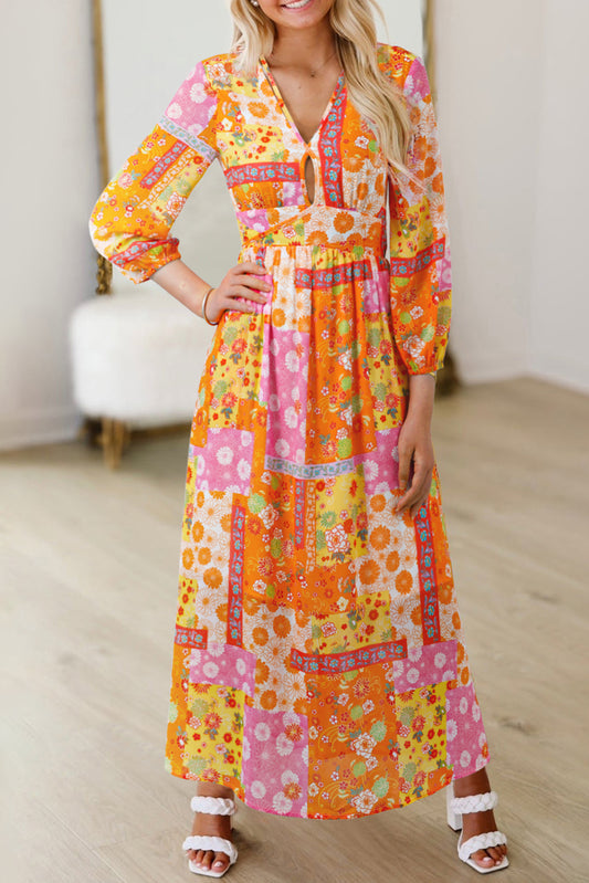 Orange Floral Patchwork Print Cut out Tied Back Bracelet Sleeve Maxi Dress-Bracelet-[Adult]-[Female]-2022 Online Blue Zone Planet