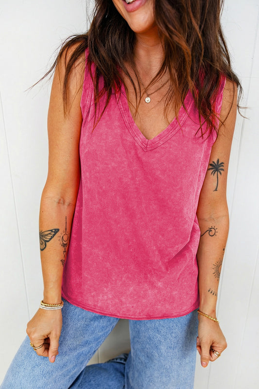 Rose Red Mineral Wash V Neck Tank Top-Tops/Tank Tops-[Adult]-[Female]-Rose Red-S-2022 Online Blue Zone Planet