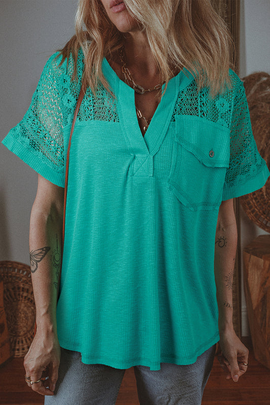 Sea Green Lace Patchwork Split Neck Textured Short Sleeve Blouse-Tops/Blouses & Shirts-[Adult]-[Female]-Sea Green-S-2022 Online Blue Zone Planet