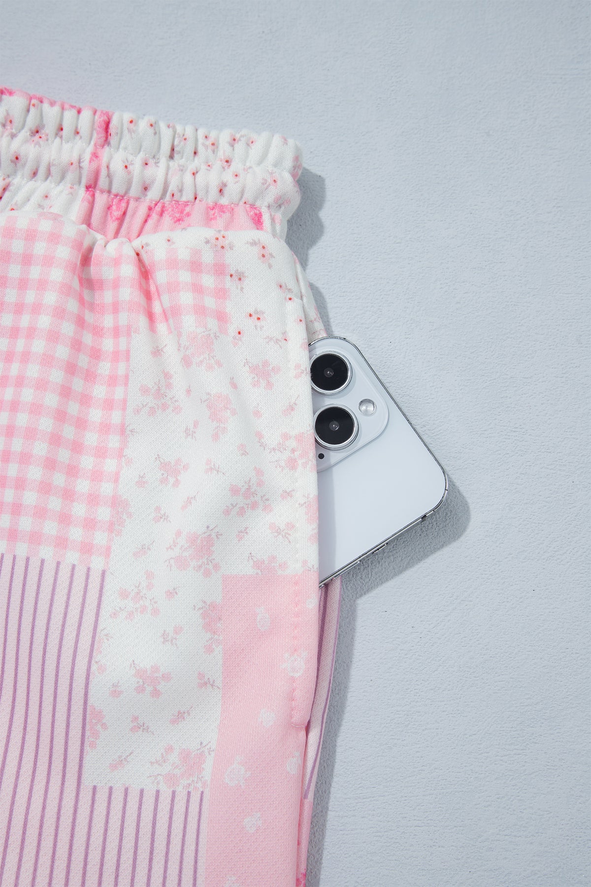 Light Pink Patchwork Floral Print Drop Shoulder Baggy Pullover Drawstring Shorts Set-Two Piece Sets/Short Sets-[Adult]-[Female]-2022 Online Blue Zone Planet