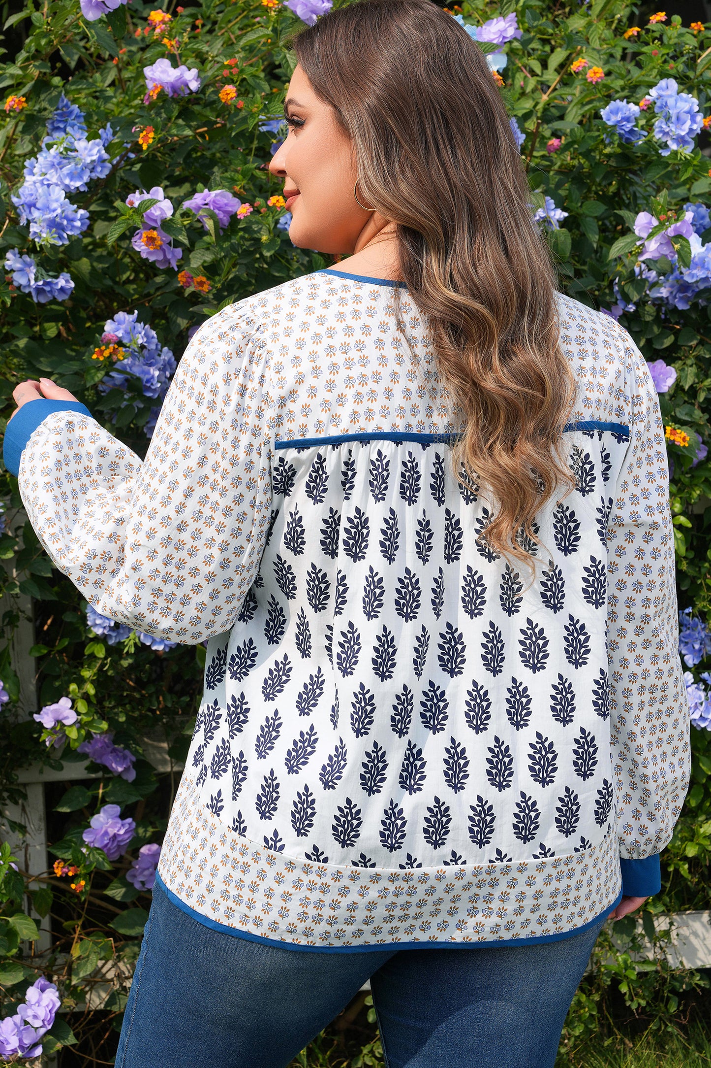 White Plus Size Boho Floral Print Contrast Trim Split Neck Puff Sleeve Patchwork Blouse-Plus Size/Plus Size Tops/Plus Size Blouses & Shirts-[Adult]-[Female]-2022 Online Blue Zone Planet