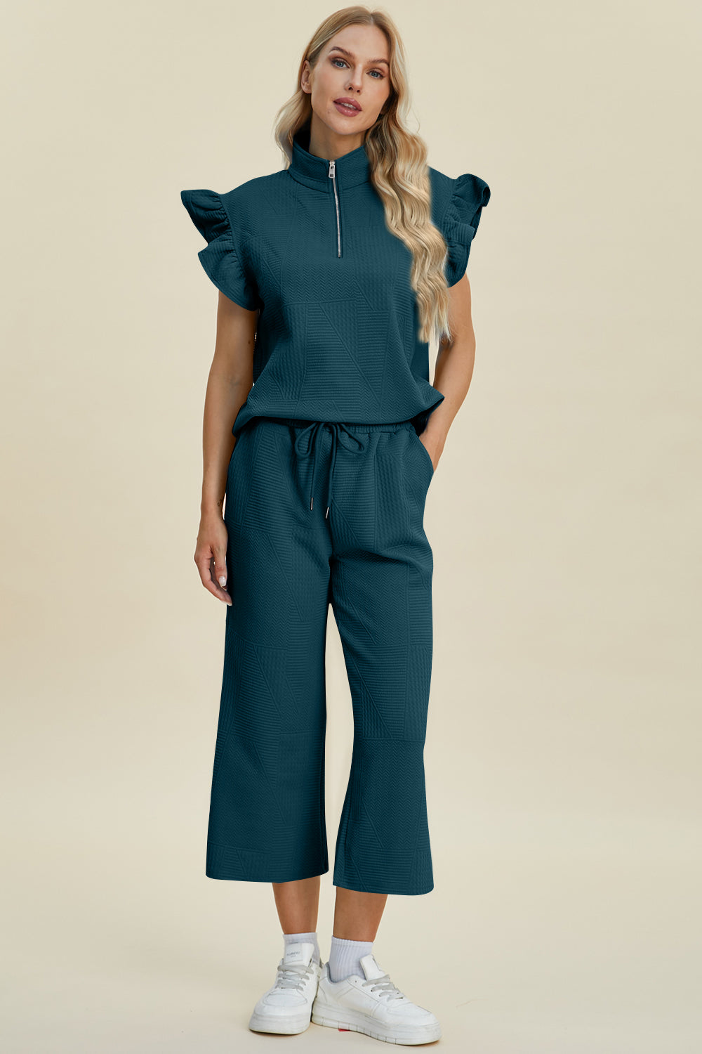 Double Take Full Size Texture Ruffle Short Sleeve Top and Wide Leg Pants Set-TOPS / DRESSES-[Adult]-[Female]-2022 Online Blue Zone Planet