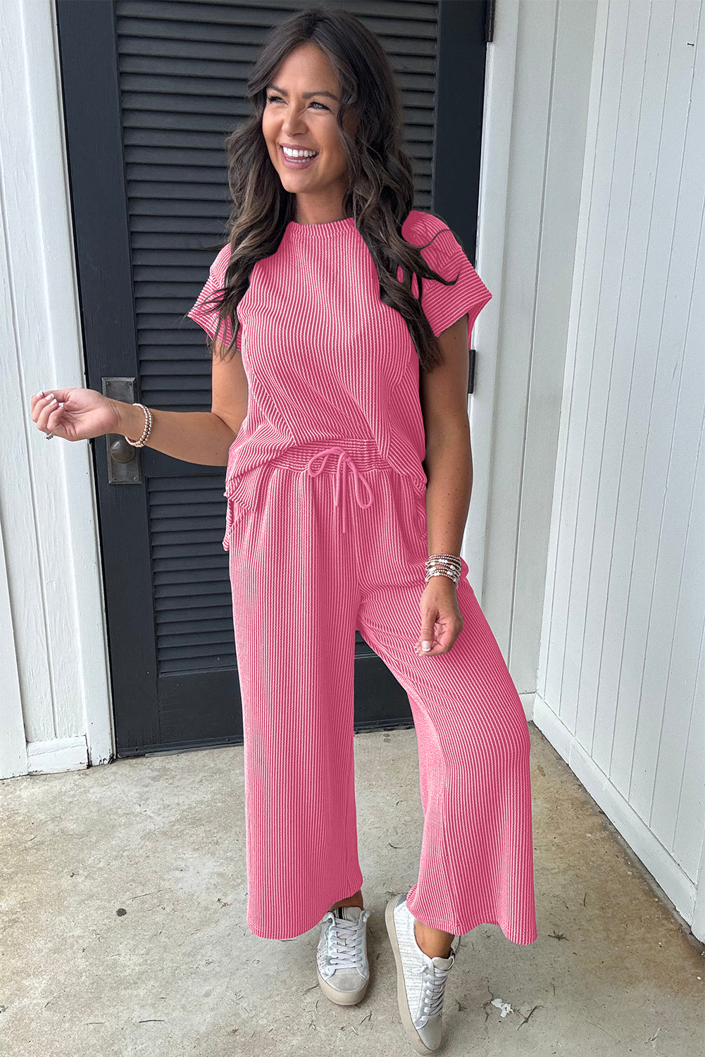 Blue Zone Planet | Wild Wind Solid Corded Knit Short Sleeve T Shirt and Wide Leg Pants Set-Two Piece Sets/Pant Sets-[Adult]-[Female]-2022 Online Blue Zone Planet