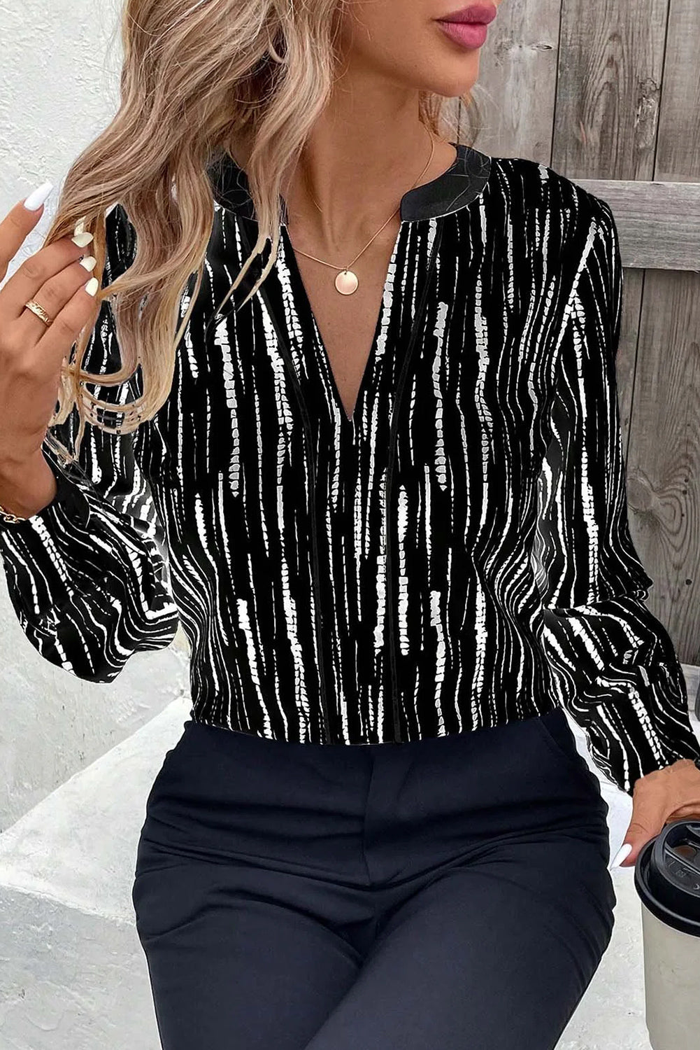 Black Abstract Printed V Neck Fall Blouse-Tops/Blouses & Shirts-[Adult]-[Female]-2022 Online Blue Zone Planet