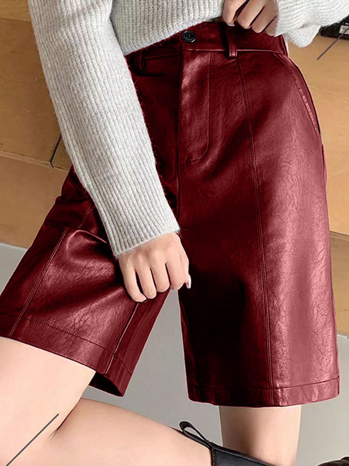 PU Leather High Rise Shorts-BOTTOM SIZES SMALL MEDIUM LARGE-[Adult]-[Female]-Burgundy-S-2022 Online Blue Zone Planet