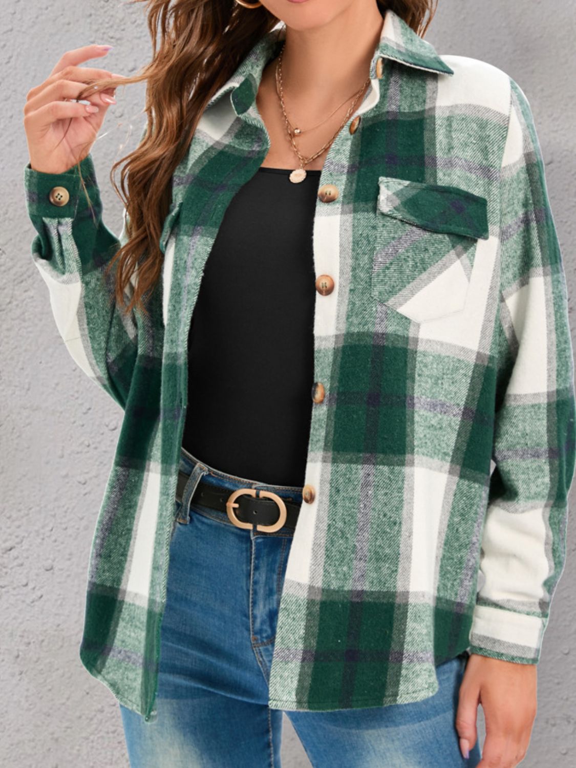 Full Size Pocketed Plaid Collared Neck Shacket-TOPS / DRESSES-[Adult]-[Female]-Dark Green-S-2022 Online Blue Zone Planet