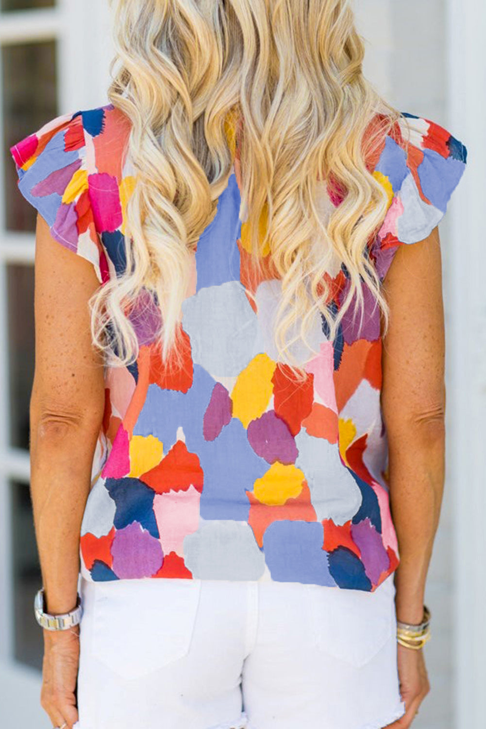 Red Ruffle Cap Sleeve Frill Mock Neck Printed Top-Tops/Tops & Tees-[Adult]-[Female]-2022 Online Blue Zone Planet
