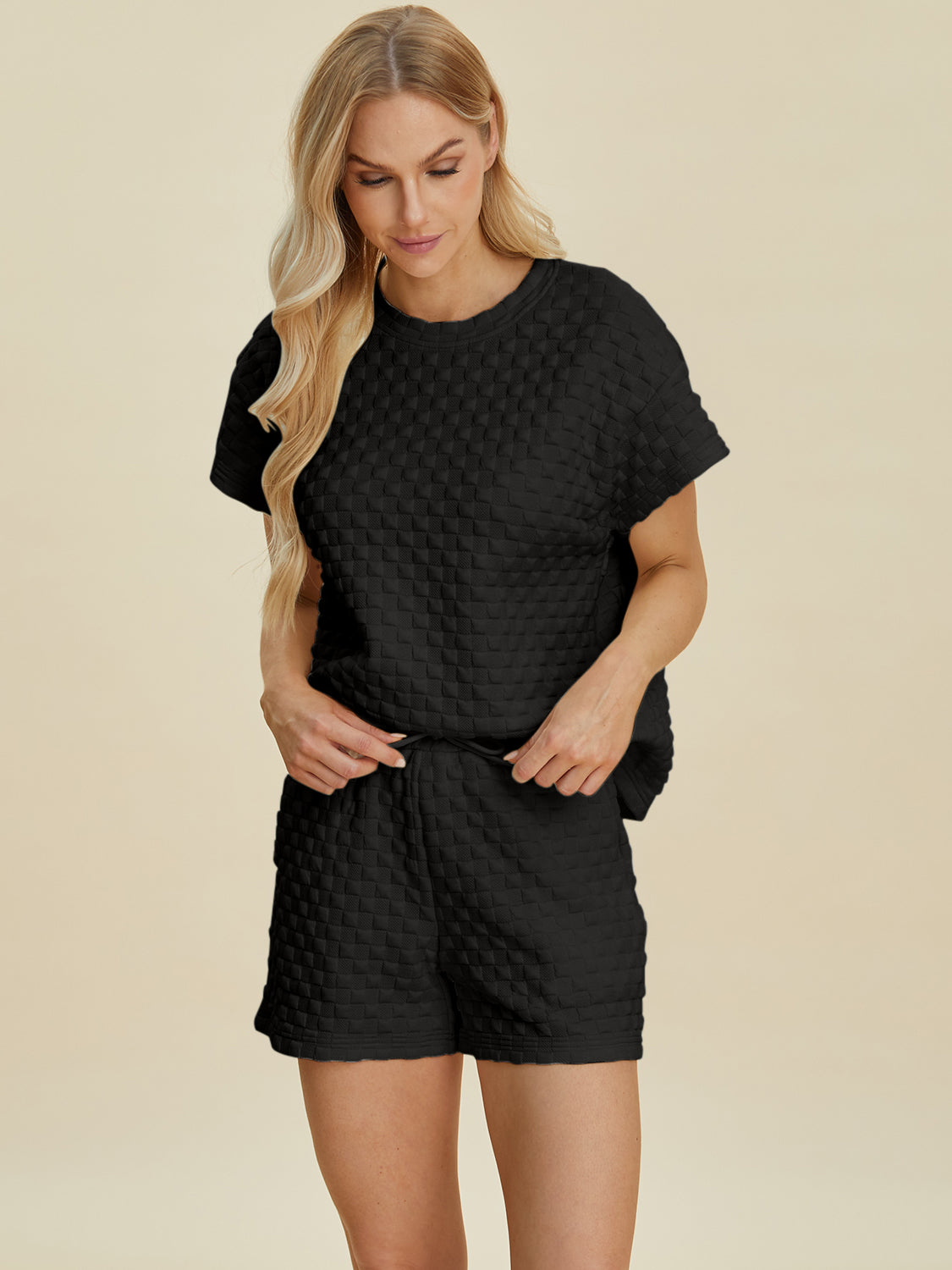 Double Take Full Size Texture T-Shirt and Shorts Set-TOPS / DRESSES-[Adult]-[Female]-2022 Online Blue Zone Planet