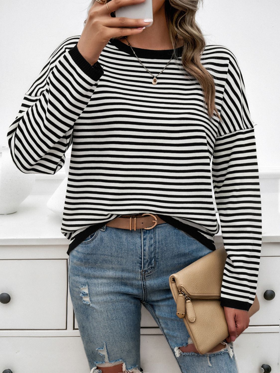 Striped Round Neck Dropped Shoulder Sweater-TOPS / DRESSES-[Adult]-[Female]-2022 Online Blue Zone Planet