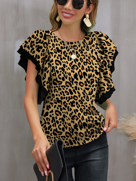 FAM-FAM Leopard Round Neck Flounce Sleeve Blouse-TOPS / DRESSES-[Adult]-[Female]-Olive-S-2022 Online Blue Zone Planet