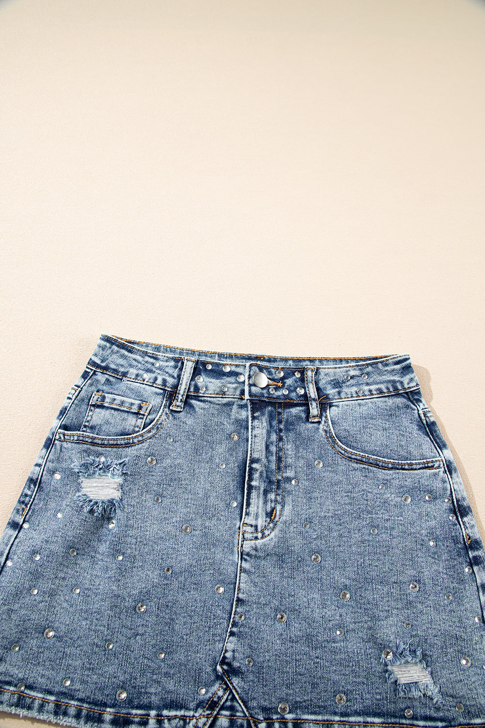 Dusk Blue Rhinestone Distressed Denim High Waist Mini Skirt-Bottoms/Skirts & Petticoat-[Adult]-[Female]-2022 Online Blue Zone Planet