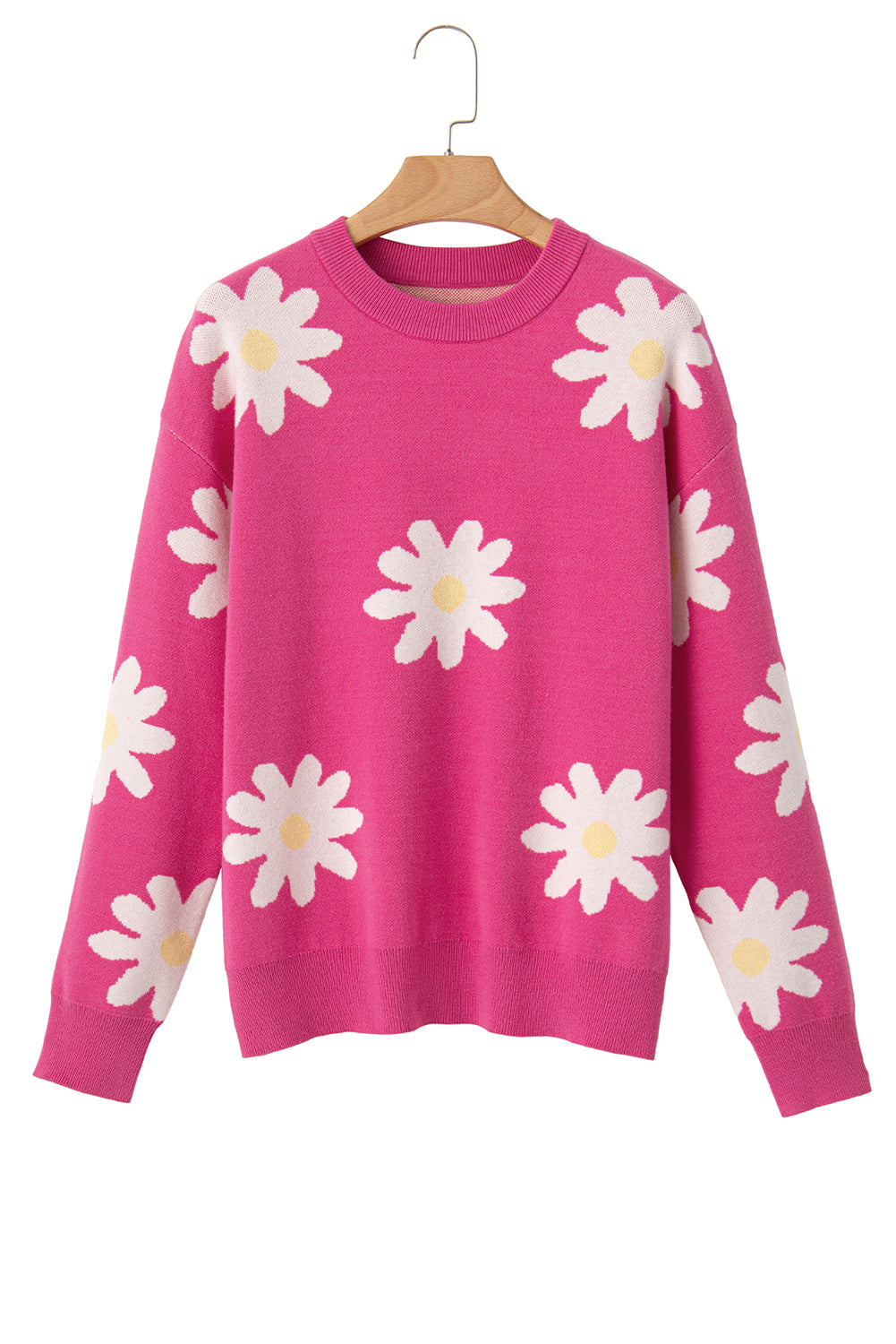 Bright Pink Daisy Ribbed Hem Sweater-Sweaters-[Adult]-[Female]-2022 Online Blue Zone Planet