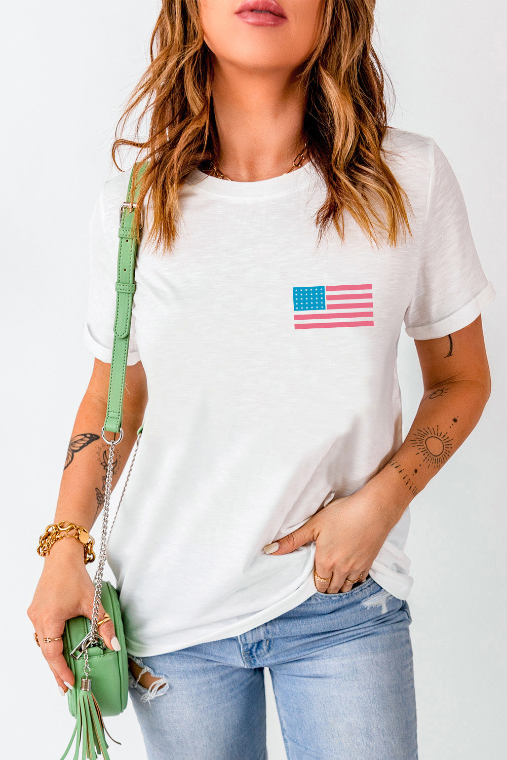US Flag Round Neck Short Sleeve T-Shirt-TOPS / DRESSES-[Adult]-[Female]-2022 Online Blue Zone Planet