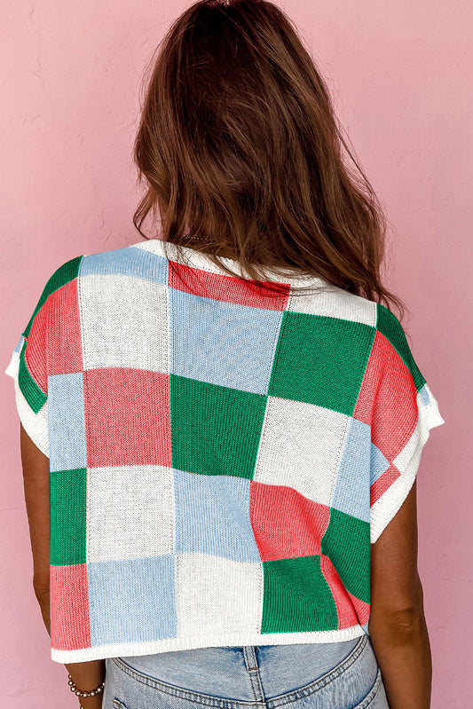 Tillandsia Purple Checkered Color Block Cap Sleeve Mardi Gras Knitted Top-Knit Tops-[Adult]-[Female]-2022 Online Blue Zone Planet