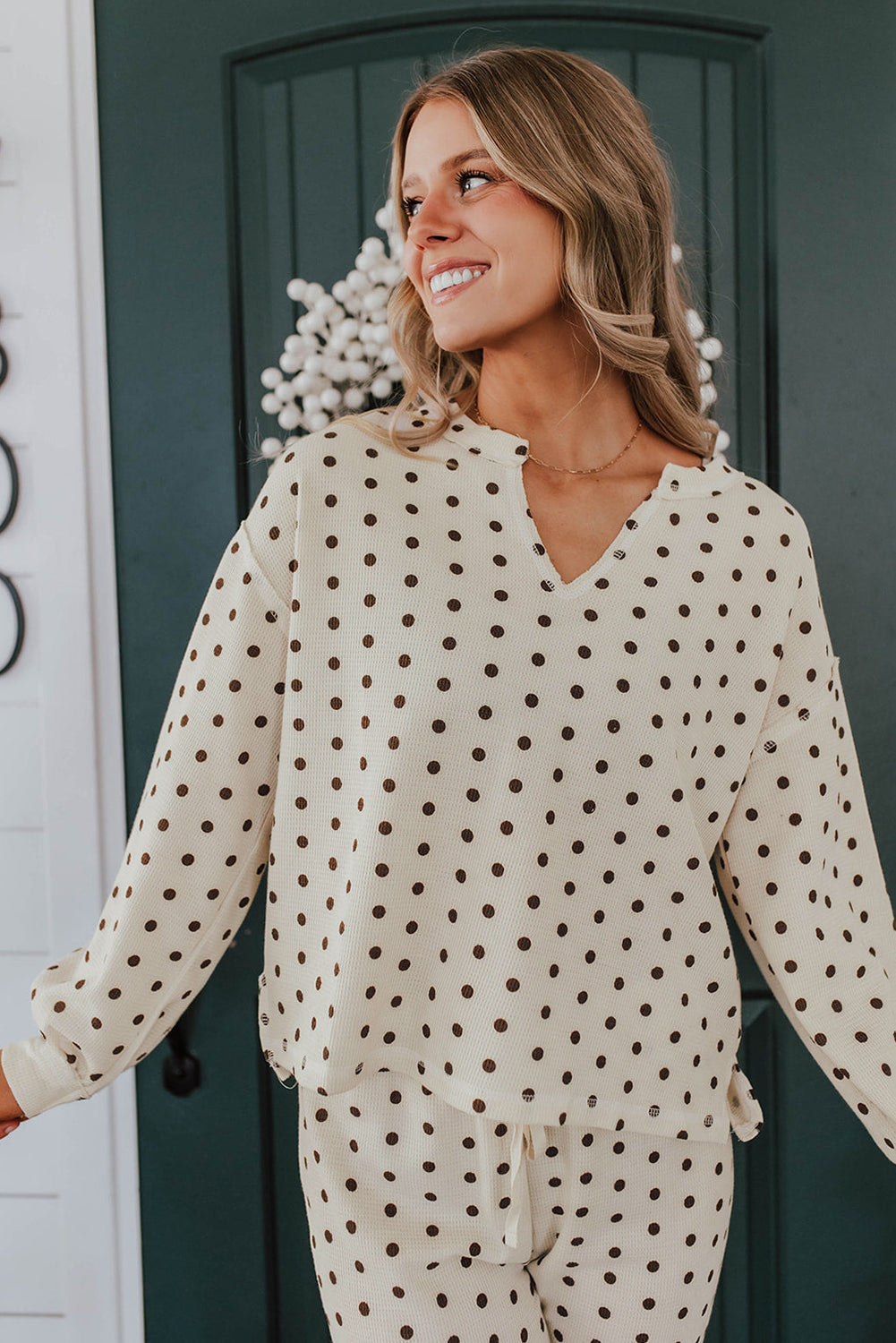 White Polka Dot Print Notched Neck Long Sleeve Top Drawstring Jogger Pants Waffle Knit Lounge Set-Loungewear & Sleepwear/Loungewear-[Adult]-[Female]-2022 Online Blue Zone Planet